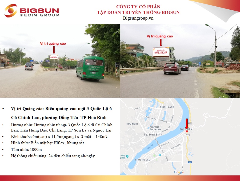 Hoà Bình : Biển quảng cáo ngã 3 Quốc Lộ 6 – Cù Chính Lan, phường Đồng Tên  TP Hoà Bình