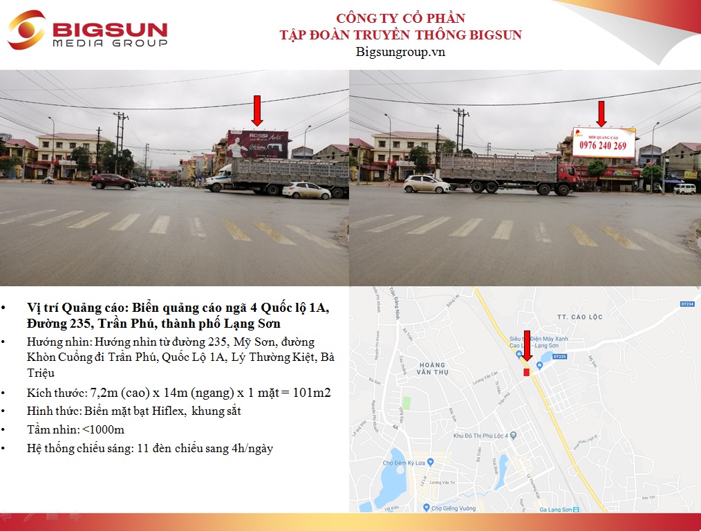 Lạng Sơn: Biển quảng cáo ngã 4 Quốc lộ 1A, Đường 235, Trần Phú, thành phố Lạng Sơn